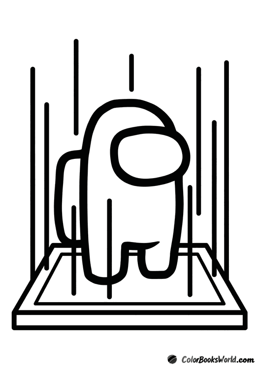 An Among Us crewmate stands on a circular MedBay scanner platform with vertical scan lines.