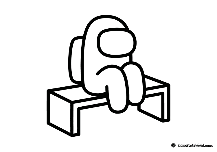 An Among Us crewmate sits on a simple bench with knees drawn up.