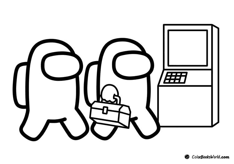 Two Among Us crewmates walk past a terminal, and one carries a toolbox.