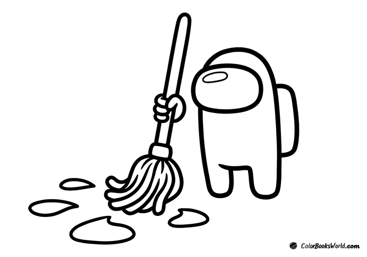 An Among Us crewmate holds a mop and cleans several puddles of spilled liquid on the floor.