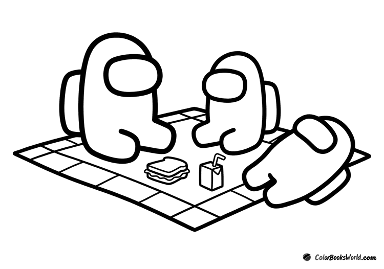 Three Among Us crewmates sit on a checkered picnic blanket with a sandwich and a juice box.