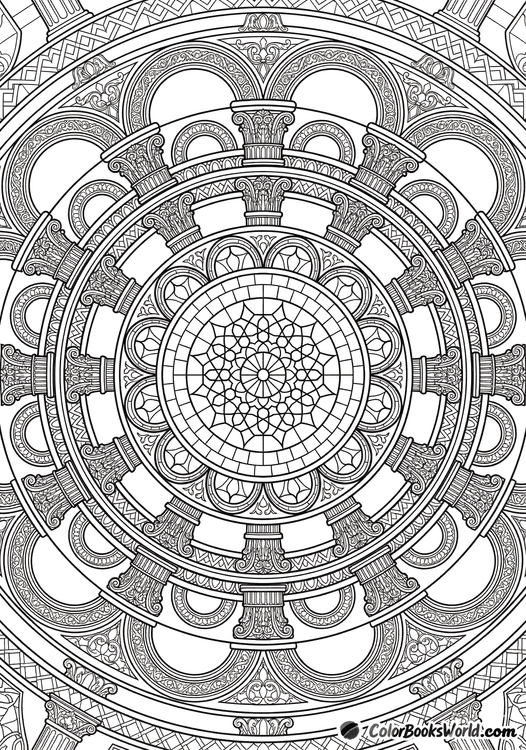 Intricate architectural mandala with classical columns, arches, and a central rose-window motif.