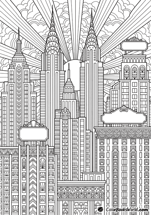 Detailed line art of an Art Deco city skyline with geometric skyscrapers, sunburst patterns and decorative spires.