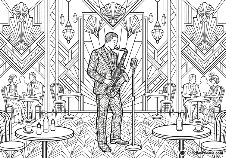 Intricate line art of a saxophonist performing in an Art Deco lounge with geometric wall patterns and café tables.