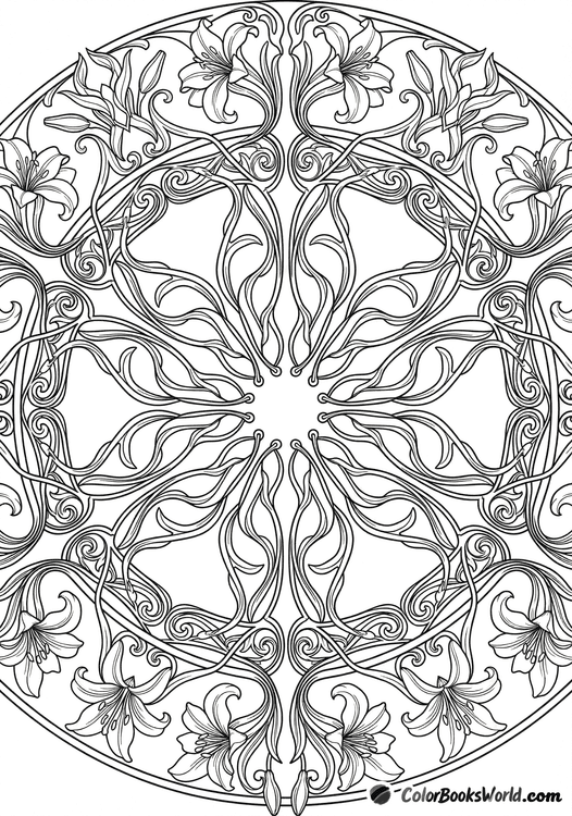 Symmetrical Art Nouveau mandala featuring stylized lilies and flowing floral curves.