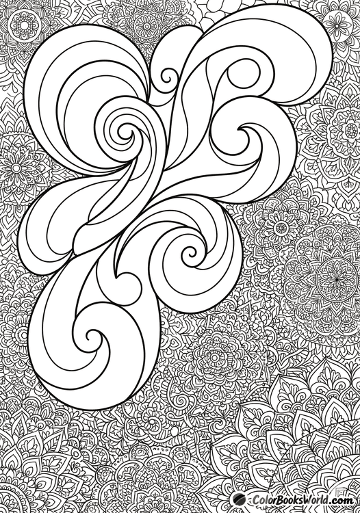 A large swirling organic shape contrasts with a dense background of intricate floral and mandala micro-ornaments.