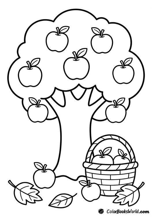 Simple apple tree with round apples and a woven basket of fruit on the grass.