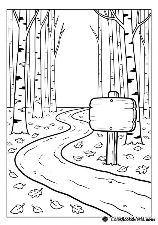 A winding dirt path through slender birch trees with fallen leaves and a blank wooden signpost.
