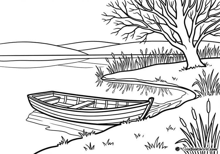 A calm lake with a wooden rowboat on the shore, a bare tree, and distant hills.