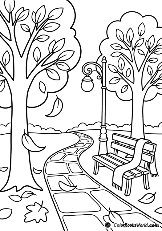 A park path with a classic lamp post, two trees with falling leaves, and a bench with a scarf.