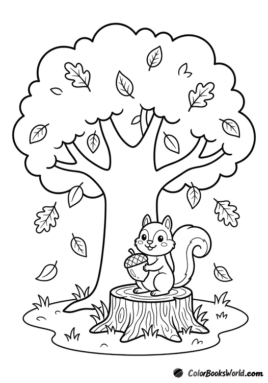 A squirrel sits on a tree stump holding an acorn beneath an autumn oak with falling leaves.