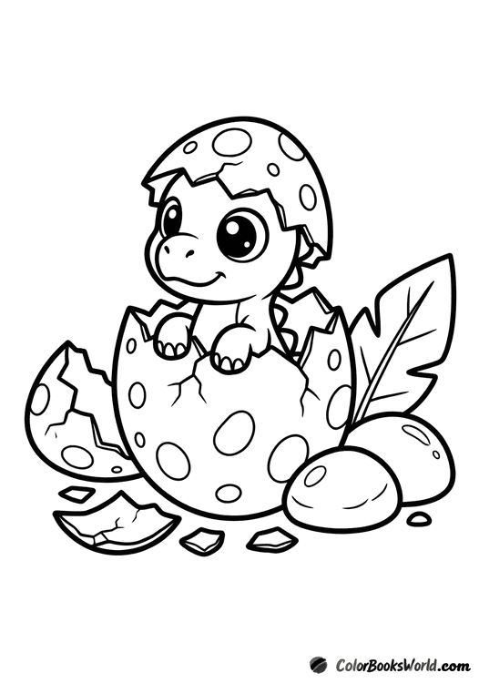 A cute baby dinosaur hatching from a large egg, with shell fragments, a smooth rock, and a leaf.