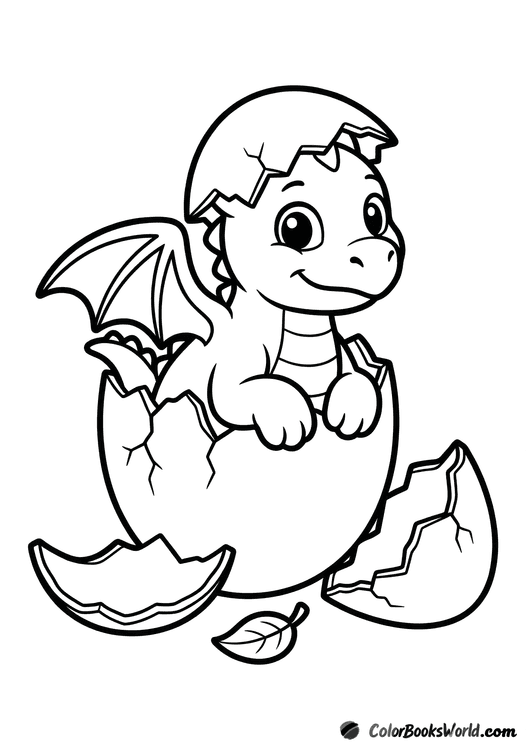 A cute baby dragon hatching from a cracked egg, with a small leaf nearby.