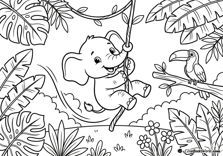 A happy baby elephant swings on a jungle vine while a toucan perches on a nearby branch.
