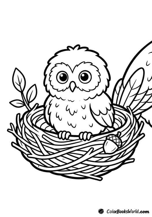 A baby owl sits in a round twig nest beside a small acorn and a leafy twig.