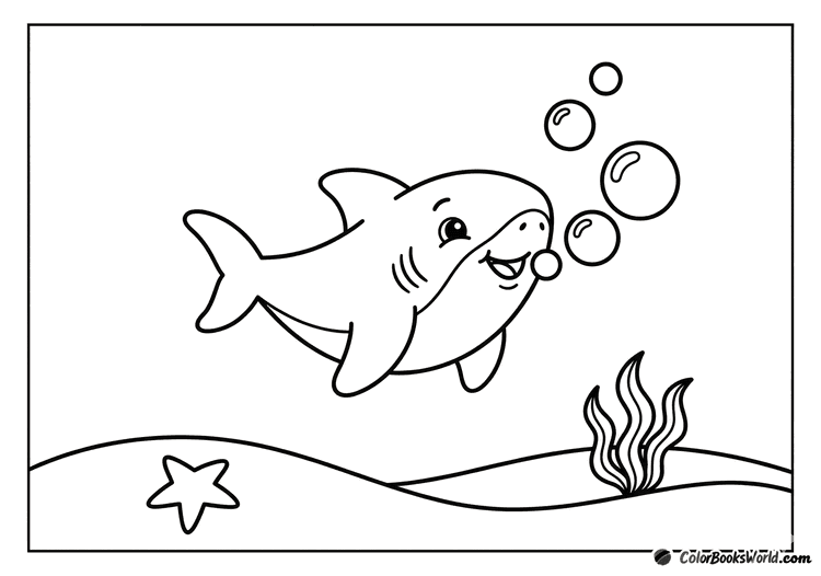 A cute baby shark blows big round bubbles on the seabed beside a starfish and seaweed.