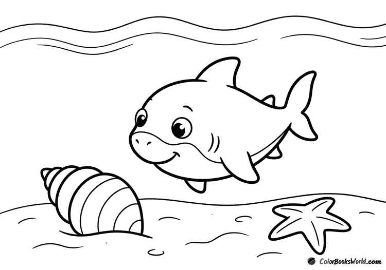 A cute baby shark looks at a large seashell and a small starfish on the sandy seabed.
