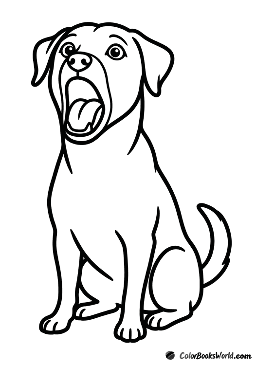 A friendly dog sits upright with its mouth open, as if barking or talking.