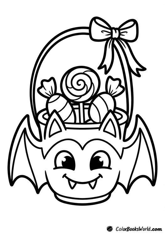 A bat-shaped Halloween candy bucket holding a lollipop and wrapped candies, with a ribbon on the handle.