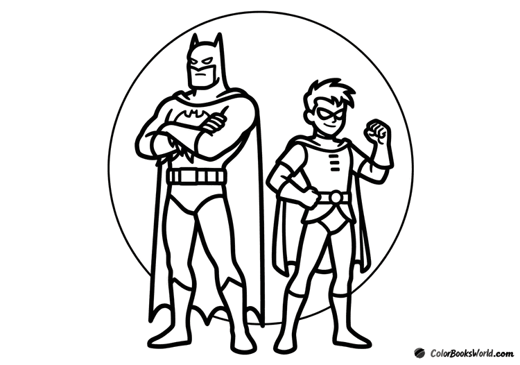 Batman and Robin stand side by side in front of a circular Bat-Signal searchlight beam.