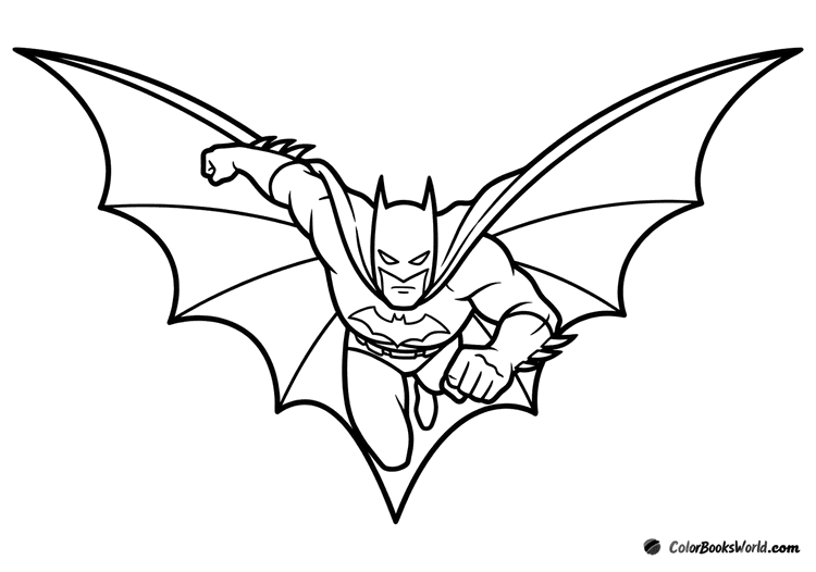 Batman glides through the air with his cape spread wide like wings.