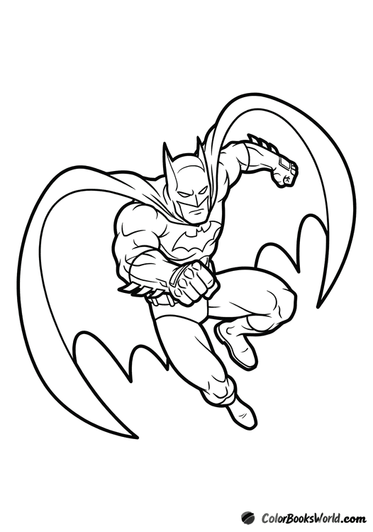 Batman leaps forward with one arm extended, cape sweeping behind him in an action pose.