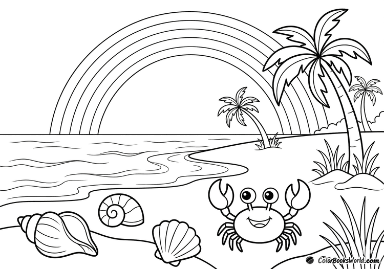 Smiling cartoon crab on a sandy beach with large seashells and a rainbow over the ocean.