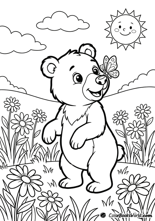 A cute bear cub stands in a flower meadow with a small butterfly on its nose.