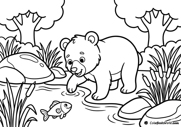 A bear cub stands on a riverbank with one paw in the water as a small fish jumps nearby.