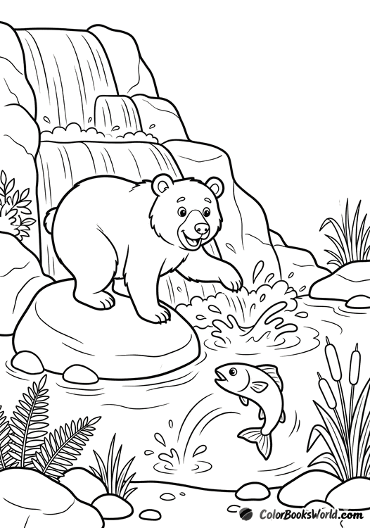 A cartoon bear sits on a rock by a waterfall, reaching toward a jumping fish in the stream.