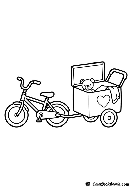 Cartoon bicycle towing a child trailer with a plush toy and folded blanket inside.