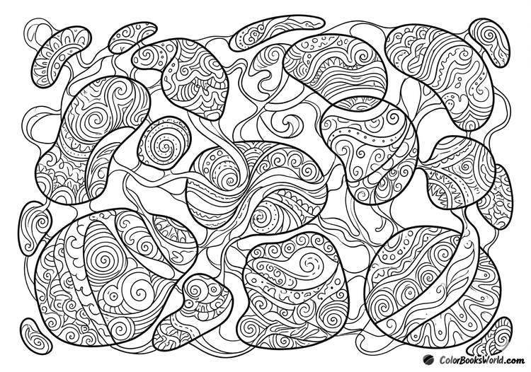 Detailed line art of pebble-like organic shapes filled with intricate swirls and connected by thin tendrils.