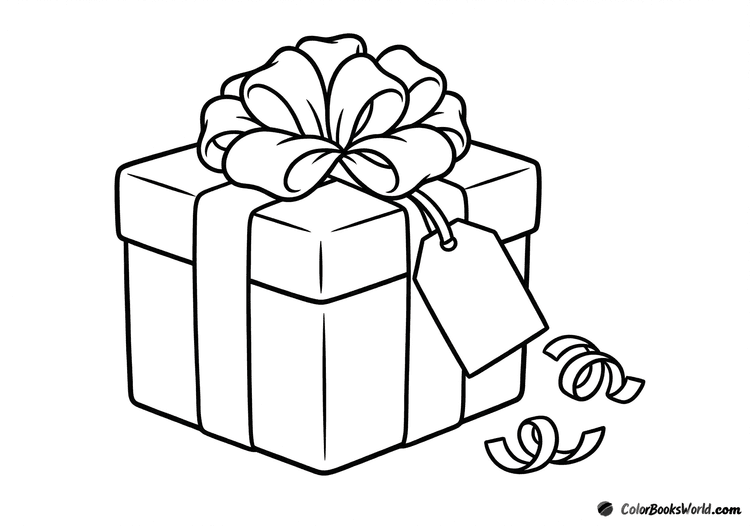 A wrapped gift box with a large bow, a blank hanging tag, and two curled ribbons.