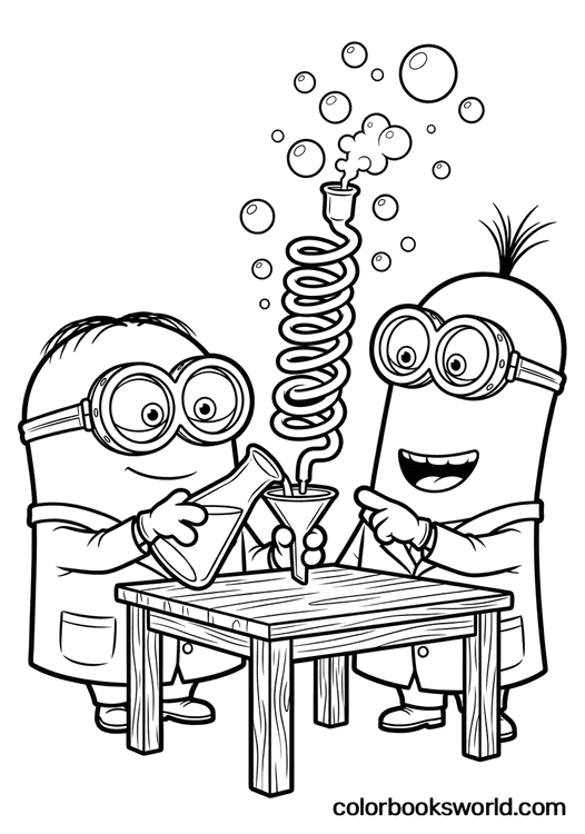 Bob and Jerry at a small table with a large beaker and a spiral tube releasing bubbles, wearing safety goggles.