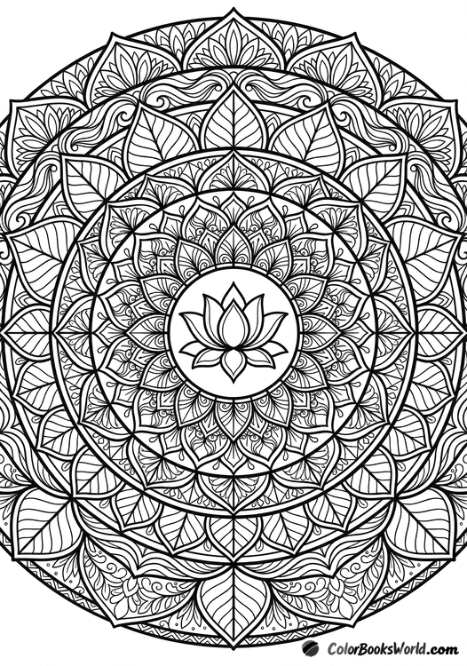 A detailed radial mandala featuring a central lotus flower surrounded by rings of leaves and wave patterns.