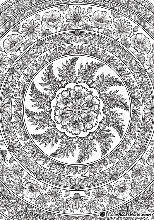 Intricate botanical mandala with concentric rings of wildflowers and fern fronds.