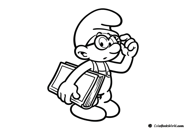 Brainy Smurf adjusts his round glasses while holding a large book.