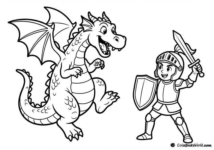 A knight in armor raises his sword as a large dragon rears up in front of him.