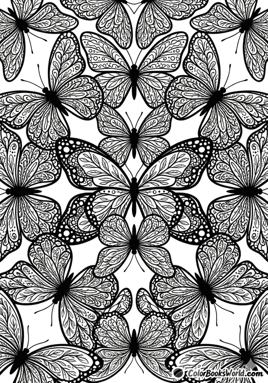 Detailed line art of mirrored butterfly silhouettes with intricate wing patterns in a symmetrical kaleidoscope arrangement.
