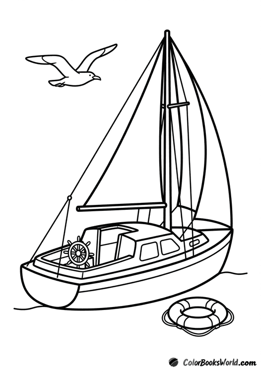 Cabin sailboat with a steering wheel, a seagull overhead, and a lifebuoy floating beside the hull.