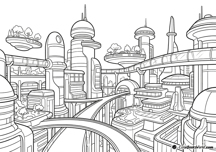 A serene futuristic city skyline with smooth towers, sky bridges, and floating parks in a clean line art style.