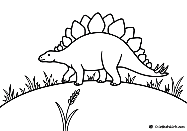 A friendly cartoon stegosaurus with back plates walks over a rounded hill beside a single grass stalk.