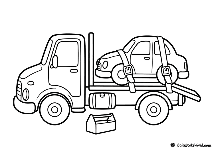 Cartoon car carrier truck hauling a small toy car, with a toolbox and tie-down straps nearby.