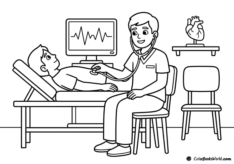 A cardiologist uses a stethoscope to check a patient's heart while a monitor displays a heartbeat waveform.