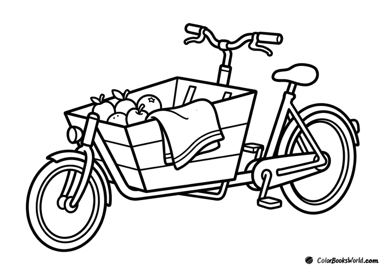 Cartoon cargo bike with a front crate of round fruit and a folded blanket.