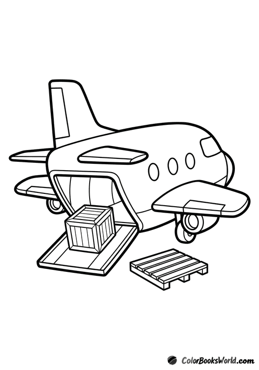 Cargo plane with rear loading ramp open and a wooden crate on the ramp.