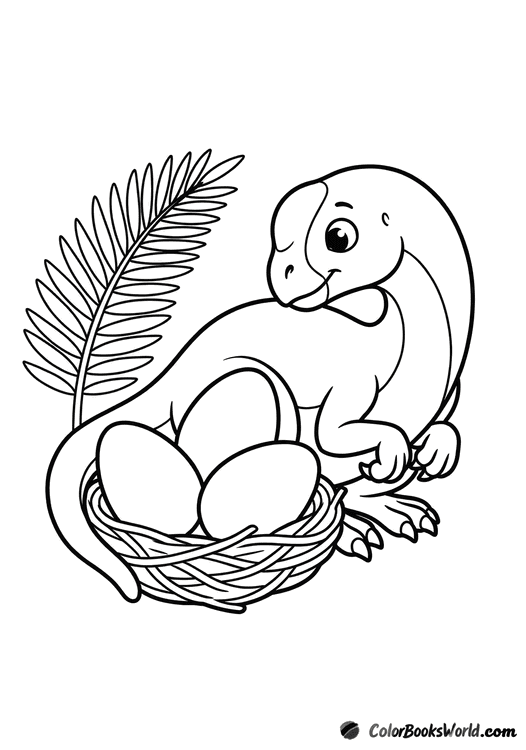 A cartoon oviraptor sits beside a nest with three large eggs and a fern frond.