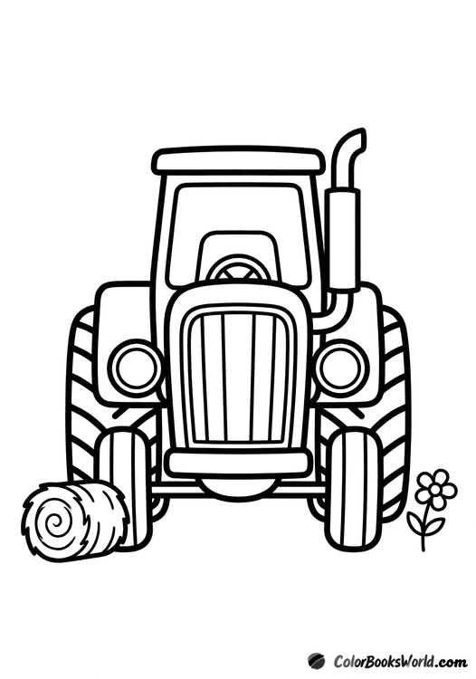 Front view of a cartoon farm tractor with big wheels, a hay bale, and a small flower.