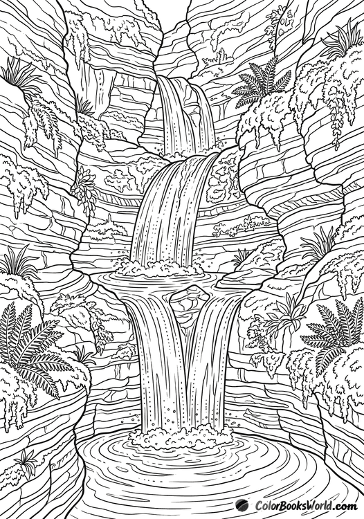 Line art of a multi-tiered waterfall cascading through a narrow rocky gorge with lush plants.