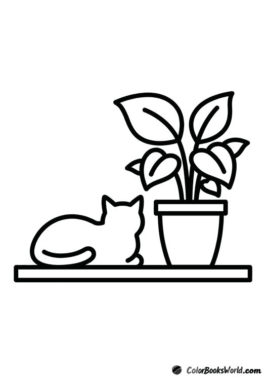 A relaxed cat sits on a windowsill beside a small potted plant.